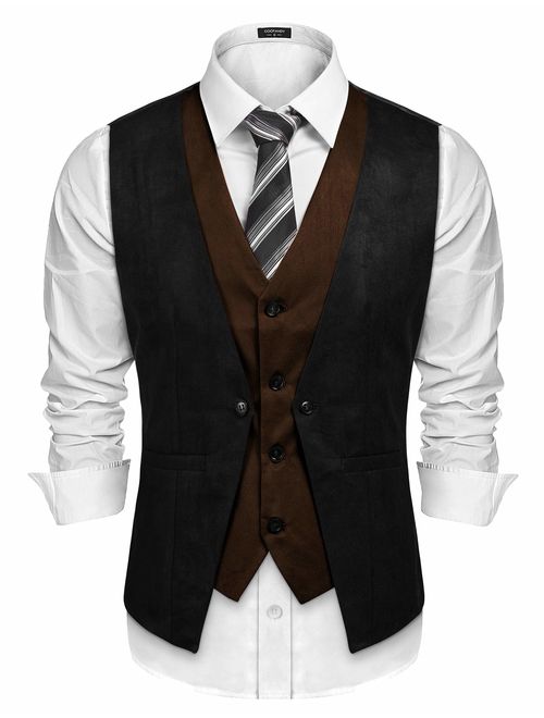 COOFANDY Men's Suede Leather Vest Layered Style Dress Vest Waistcoat