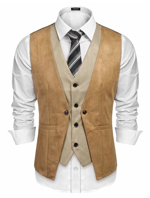 COOFANDY Men's Suede Leather Vest Layered Style Dress Vest Waistcoat