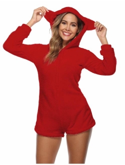 Amiliashp Womens Cute Sherpa Romper Fleece Onesie Pajama One Piece Zipper Short Hooded Jumpsuit Sleepwear Playsuit