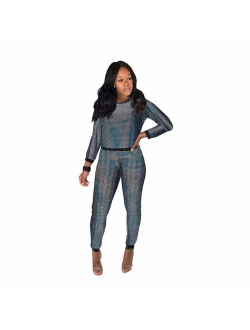 2 Piece Night Clubwear Outfits for Women Long Sleeve Top and Metallic Shiny Pants Glitter Clubwear