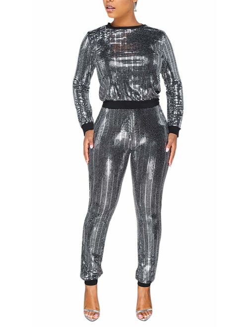 2 Piece Night Clubwear Outfits for Women Long Sleeve Top and Metallic Shiny Pants Glitter Clubwear