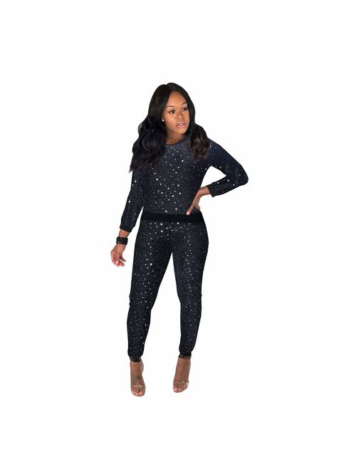 2 Piece Night Clubwear Outfits for Women Long Sleeve Top and Metallic Shiny Pants Glitter Clubwear