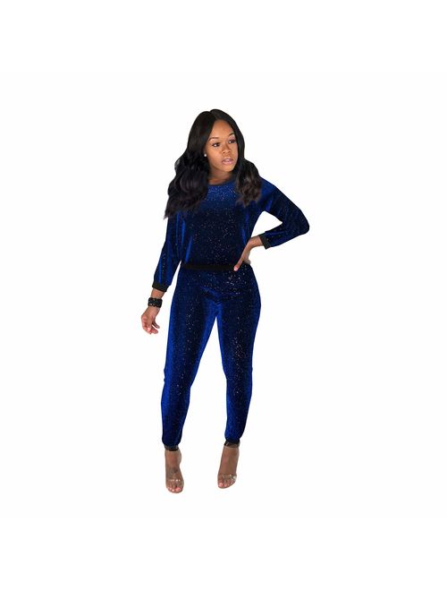 2 Piece Night Clubwear Outfits for Women Long Sleeve Top and Metallic Shiny Pants Glitter Clubwear