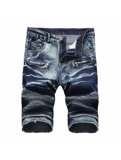 DANT BULUN Men's Denim Shorts Jeans Elastic Casual Fit Moto Biker Zipper Deco