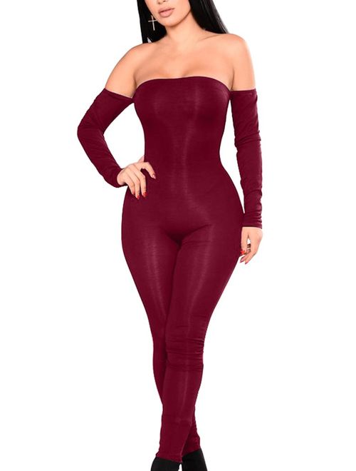 GOBLES Women Long Sleeve Sexy Off Shoulder Lace Up One Piece Jumpsuit Rompers