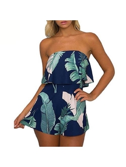 DDSOL Women Sexy Off Shoulder Floral Printed Playsuit One Piece Summer Strapless Romper Beach Short Jumpsuit