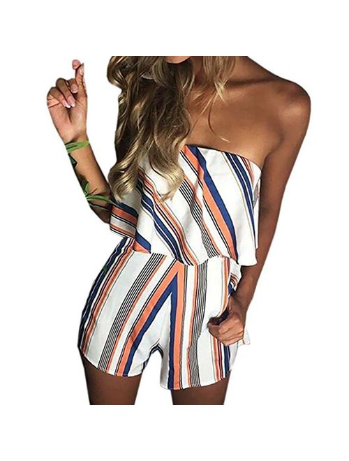 DDSOL Women Sexy Off Shoulder Floral Printed Playsuit One Piece Summer Strapless Romper Beach Short Jumpsuit