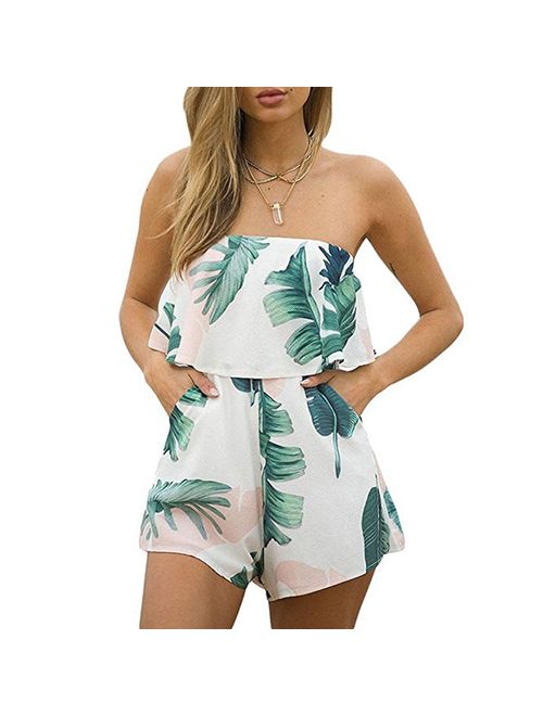 DDSOL Women Sexy Off Shoulder Floral Printed Playsuit One Piece Summer Strapless Romper Beach Short Jumpsuit