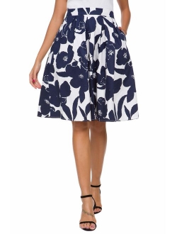 Tandisk Women's Vintage A-line Box Printed Pleated Flared Midi Skirt with Pockets