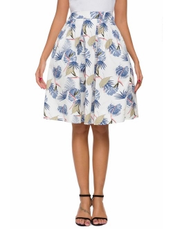 Tandisk Women's Vintage A-line Box Printed Pleated Flared Midi Skirt with Pockets