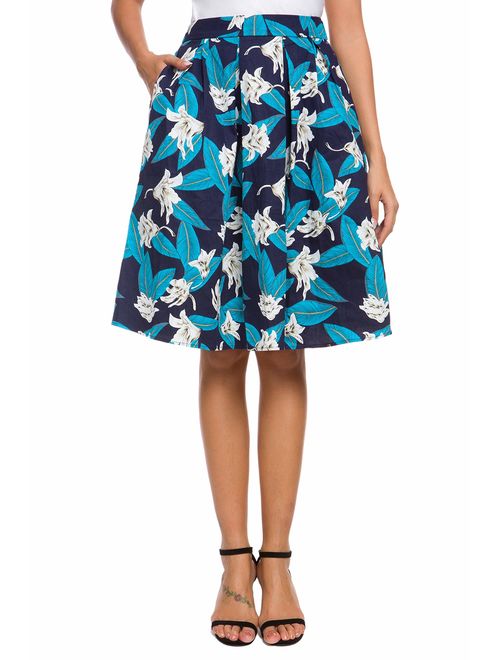 Tandisk Women's Vintage A-line Box Printed Pleated Flared Midi Skirt with Pockets