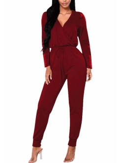 Fixmatti Women Low V Neck Drawstring Waisted Long Pant Romper Jumpsuit