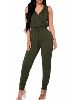 Fixmatti Women Low V Neck Drawstring Waisted Long Pant Romper Jumpsuit