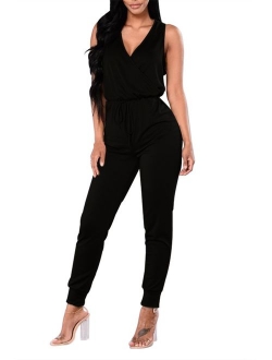 Fixmatti Women Low V Neck Drawstring Waisted Long Pant Romper Jumpsuit