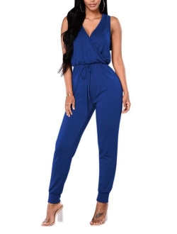 Fixmatti Women Low V Neck Drawstring Waisted Long Pant Romper Jumpsuit