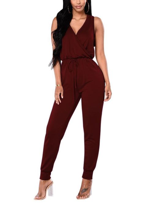 Fixmatti Women Low V Neck Drawstring Waisted Long Pant Romper Jumpsuit