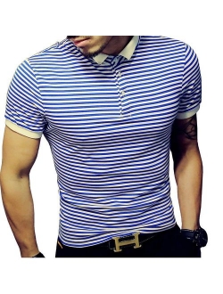 LOGEEYAR Mens Summer Slim Fit Tshirt Contrast Color Stitching Stripe Short Sleeve Casual Polo Shirt