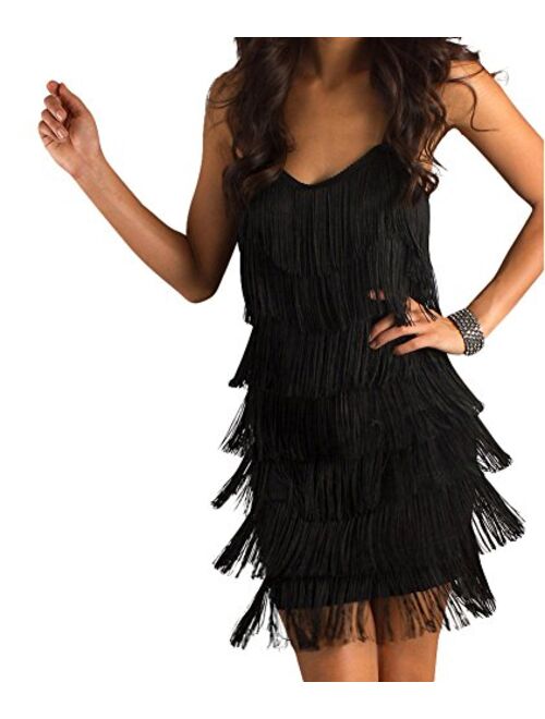 CHERYL CREATIONS Women's Short All-Over Fringe Flapper Sleeveless Comfortable Day/Night Mini Dress with Adjustable Bra Straps