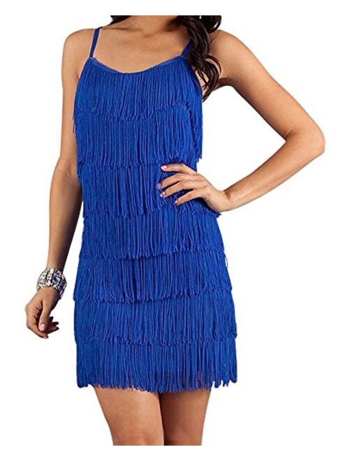 CHERYL CREATIONS Women's Short All-Over Fringe Flapper Sleeveless Comfortable Day/Night Mini Dress with Adjustable Bra Straps