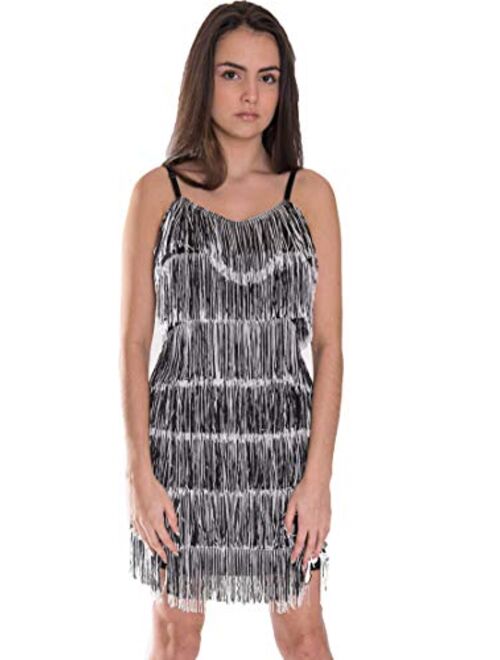 CHERYL CREATIONS Women's Short All-Over Fringe Flapper Sleeveless Comfortable Day/Night Mini Dress with Adjustable Bra Straps