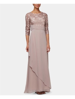 Women's Long V-Neck Embellished Lace Dress with Overlay Skirt