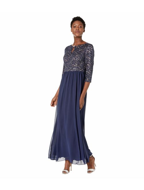 Alex Evenings Women's Long V-Neck Embellished Lace Dress with Overlay Skirt