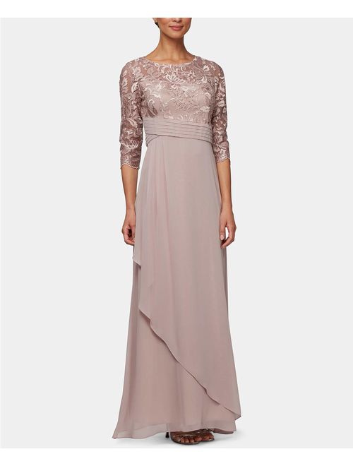 Alex Evenings Women's Long V-Neck Embellished Lace Dress with Overlay Skirt