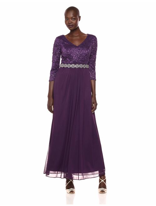 Alex Evenings Women's Long V-Neck Embellished Lace Dress with Overlay Skirt