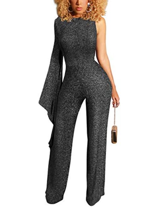 Yiershu Women's Sexy V Neck Jumpsuits Elegant Long Sleeve Button Down Straight Long Pants Business Romper with Pockets Belt