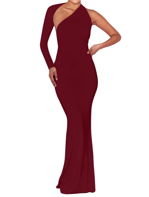 BEAGIMEG Women's Sexy Elegant One Shoulder Backless Evening Long Dress