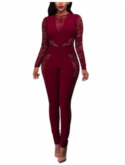 Ophestin Womens Sexy Lace Jumpsuit See Through Mesh Long Sleeve Romper Clubwear