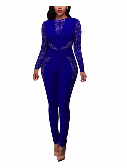 Ophestin Womens Sexy Lace Jumpsuit See Through Mesh Long Sleeve Romper Clubwear