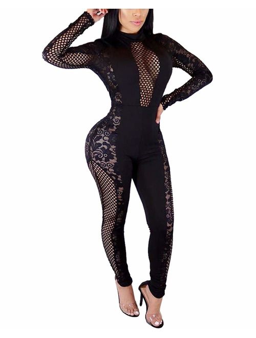 Ophestin Womens Sexy Lace Jumpsuit See Through Mesh Long Sleeve Romper Clubwear