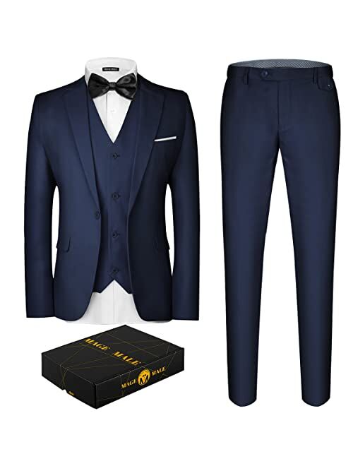 MAGE MALE Men's 3 Pieces Suit Elegant Solid One Button Slim Fit Single Breasted Party Blazer Vest Pants Set