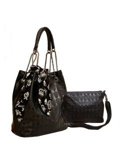 Womens Skull Print PU Leather Hobo Tote Shoulder Bag Package Handbag with Gift