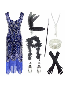 Women's Roaring 20s V-Neck Gatsby Flapper Dresses with Accessories Set