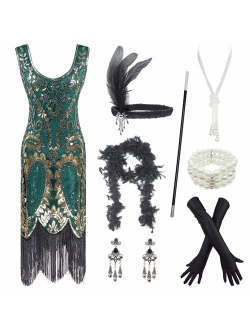 Women's Roaring 20s V-Neck Gatsby Flapper Dresses with Accessories Set