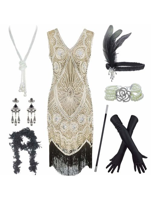 Women's Roaring 20s V-Neck Gatsby Flapper Dresses with Accessories Set