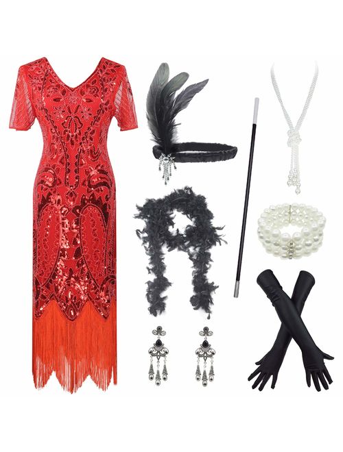 Women's Roaring 20s V-Neck Gatsby Flapper Dresses with Accessories Set