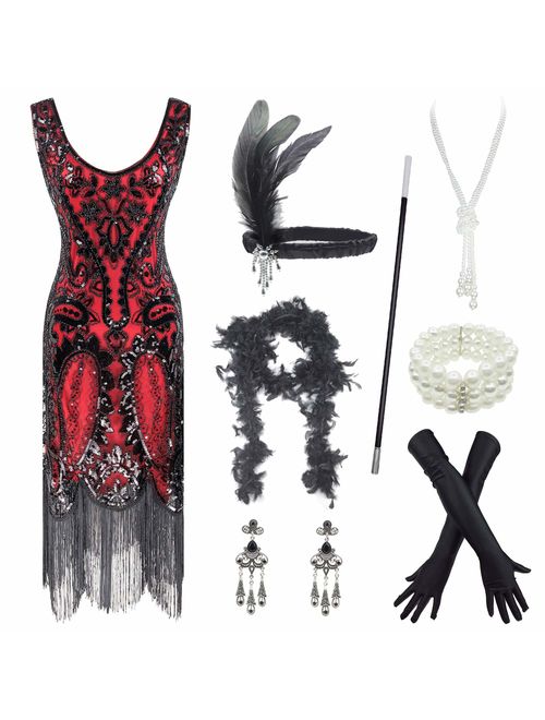 Women's Roaring 20s V-Neck Gatsby Flapper Dresses with Accessories Set