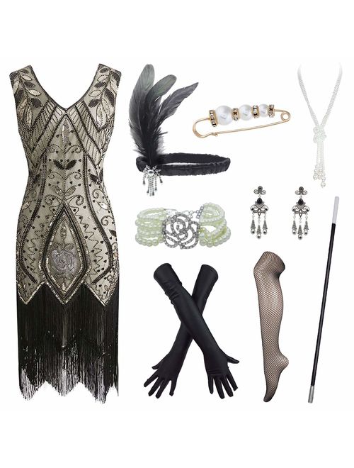 Women's Roaring 20s V-Neck Gatsby Flapper Dresses with Accessories Set