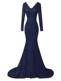 Women's Elegant Long Sleeves Lace Prom Dresses Mermaid V-Neck Beaded Formal Evening Party Gowns