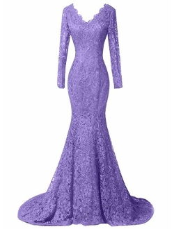 Women's Elegant Long Sleeves Lace Prom Dresses Mermaid V-Neck Beaded Formal Evening Party Gowns