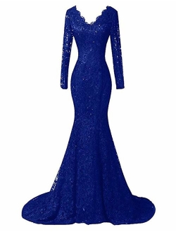 Women's Elegant Long Sleeves Lace Prom Dresses Mermaid V-Neck Beaded Formal Evening Party Gowns