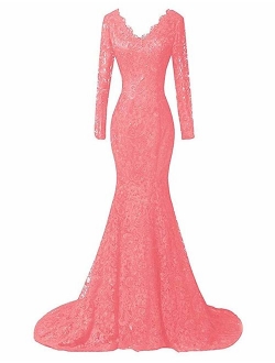 Women's Elegant Long Sleeves Lace Prom Dresses Mermaid V-Neck Beaded Formal Evening Party Gowns