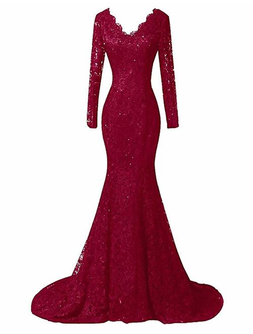 Women's Elegant Long Sleeves Lace Prom Dresses Mermaid V-Neck Beaded Formal Evening Party Gowns