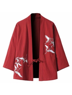 PRIJOUHE Men's Japanese Fashion Kimono Cardigan Plus Size Jacket Yukata Casual Cotton Linen Seven Sleeve Lightweight