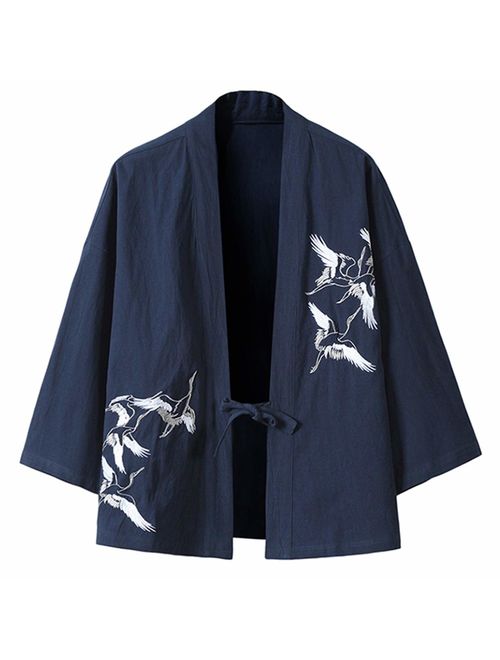 PRIJOUHE Men's Japanese Fashion Kimono Cardigan Plus Size Jacket Yukata Casual Cotton Linen Seven Sleeve Lightweight