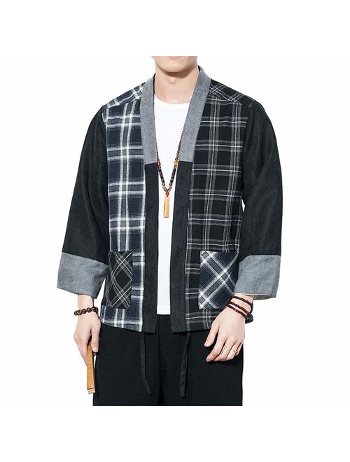 PRIJOUHE Men's Japanese Fashion Kimono Cardigan Plus Size Jacket Yukata Casual Cotton Linen Seven Sleeve Lightweight