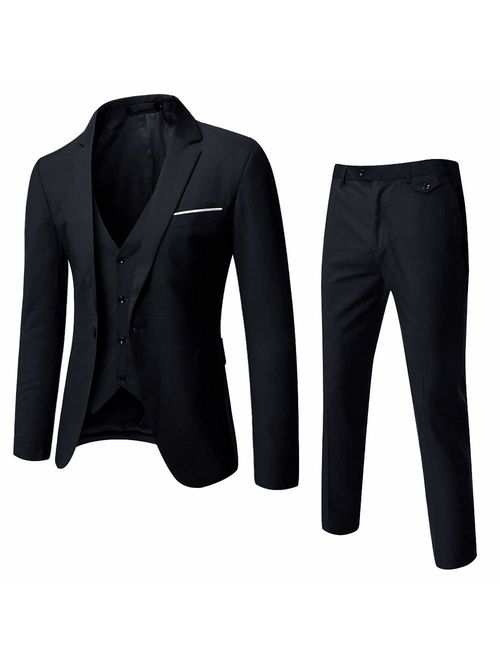 WULFUL Men's Suit Slim Fit One Button 3-Piece Suit Blazer Dress Business Wedding Party Jacket Vest & Pants